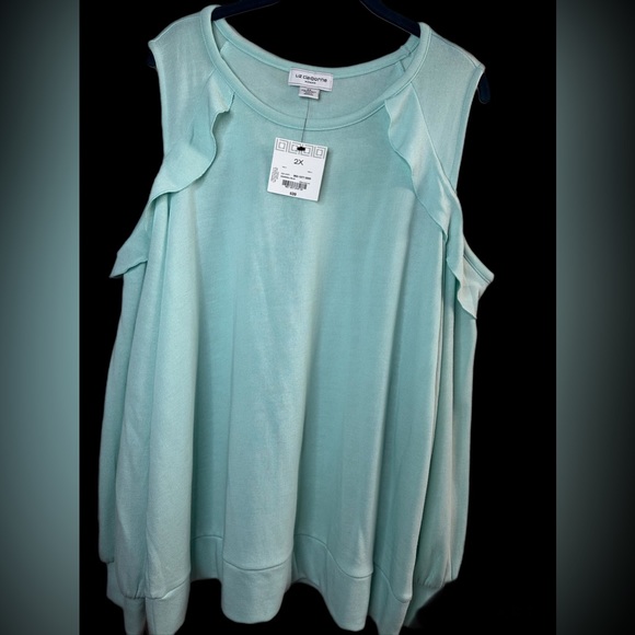 NWT. Womens Liz Claiborne Cold Shoulder Super Soft Eggshell Blue Shirt - Picture 3 of 5